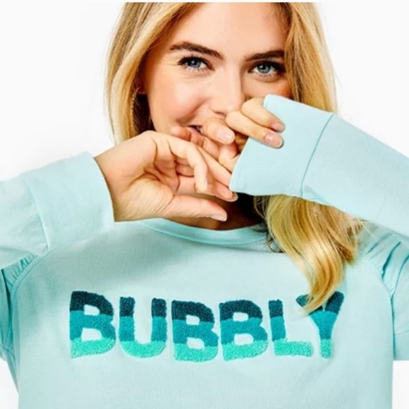 Lilly Pulitzer Aldean Sweatshirt Bubbly Block Letters Aqua Blue Sz Medium - Picture 2 of 14